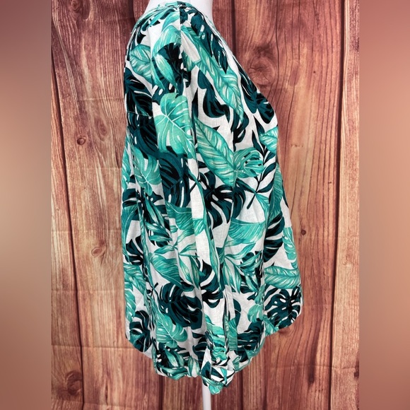 Coral Bay green teal white Monstera leaf print linen blend 3/4 sleeve blouse L - Picture 4 of 17